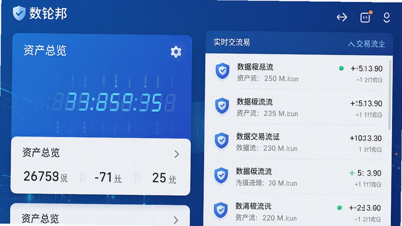 主体为“数镒邦”安卓应用主界面截图,布局采用左右分栏结构,左侧显示资产总览卡片,右侧为实时交易流水列表,排版整齐清晰,风格为现代科技感蓝色调,细节包含数字跳动动画效果与盾牌安全标识,画质高清,干净,无多余元素