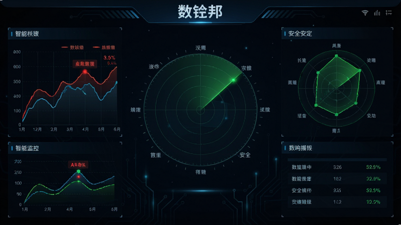 展示“数镒邦”智能监控仪表盘,主体为动态折线图与雷达扫描图,布局居中对称,排版紧凑有序,风格为深空科技感,细节显示红色预警标记与绿色安全区域,画质极高,清晰锐利,无冗余装饰
