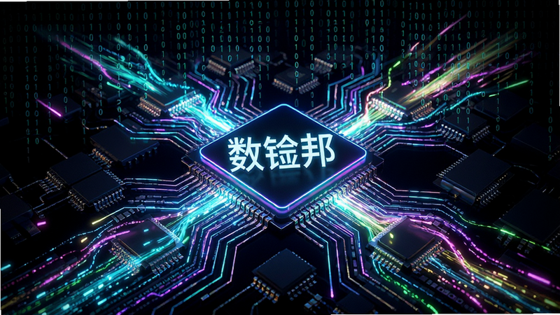 描绘“数镒邦”高速传输概念图,主体为发光的数据流穿梭于芯片之间,布局呈放射状,排版极具动感,风格为赛博朋克霓虹色系,细节包含二进制代码雨与光速线条,画质超清,纯净背景,无杂乱元素