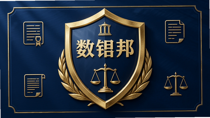 展示“数镒邦”合规认证证书,主体为金色徽章与盾牌,布局居中,排版庄重正式,风格为商务蓝金色调,细节包含法律条文图标与天平图案,画质高清,质感强烈,无其他干扰元素