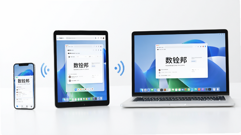 呈现“数镒邦”多设备同步场景,主体为手机、平板与笔记本屏幕显示相同界面,布局呈三角形分布,排版和谐统一,风格为极简白色科技风,细节显示无线信号波纹连接设备,画质明亮,通透,无阴影杂乱