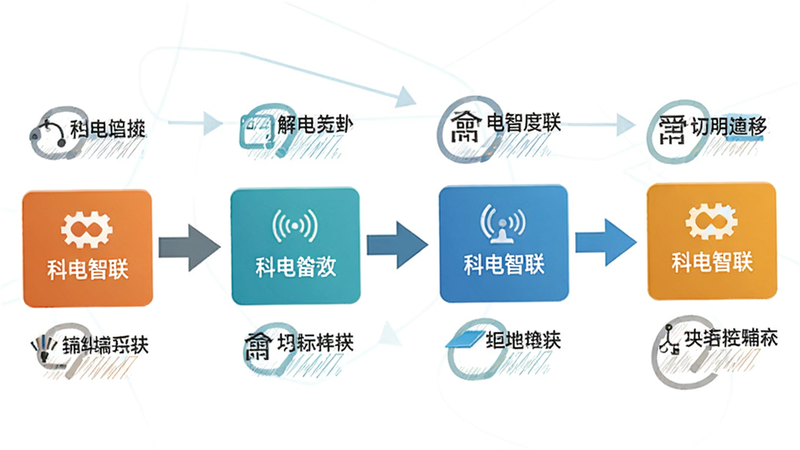 科电智联添加设备流程图解,主体为步骤图标序列,布局线性,排版清晰,风格扁平化,细节包含箭头指引与文字说明,画质高清,干净,无多余元素,文字包含