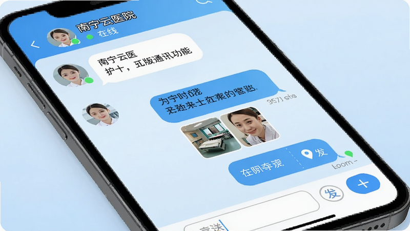 南宁云医院护士版通讯功能界面,手机屏幕显示聊天窗口,左侧为患者头像和消息气泡,右侧为护士回复,消息内容包括文字、图片缩略图和定位图标,界面顶部显示对方名称和在线状态,底部为输入框和发送按钮,背景为淡蓝色渐变,布局紧凑有序,无干扰元素,高清画质,简洁现代UI风格