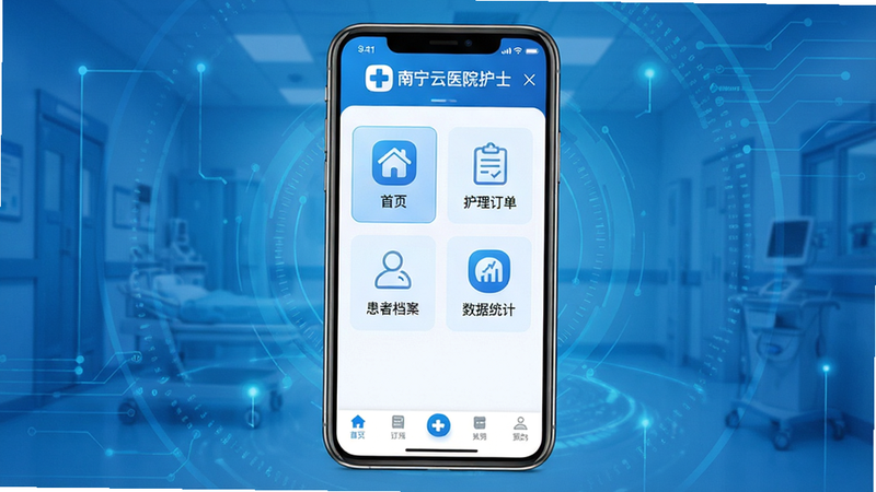 南宁云医院护士版应用主界面展示,蓝色医疗科技风格背景,中央显示手机屏幕,屏幕上清晰可见“首页”、“护理订单”、“患者档案”、“数据统计”等核心功能模块图标,界面简洁清晰,顶部有应用Logo,底部导航栏高亮显示当前页面,整体布局规整,无多余装饰元素,高清画质,干净简洁,专业医疗软件UI设计风格