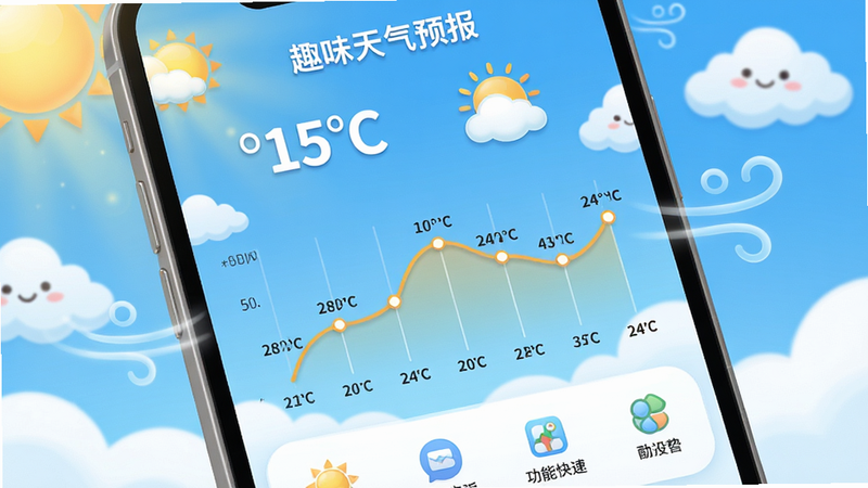 主体为手机屏幕特写,显示「趣味天气预报」应用界面,背景是蓝天白云与卡通云朵,布局清晰,顶部显示当前温度与天气图标,中部为24小时趋势曲线,底部为功能快捷入口,排版整齐,风格清新卡通,细节处有阳光与微风特效,画质高清,干净无多余元素