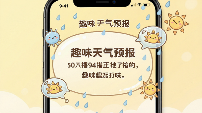 主体为手机界面截图,展示「趣味天气预报」的文案播报区域,背景为淡黄色渐变,文字内容清晰可见,周围点缀着卡通雨滴和太阳图标,布局居中,排版简洁,风格可爱温馨,细节处有气泡框装饰,画质清晰,干净无杂乱元素