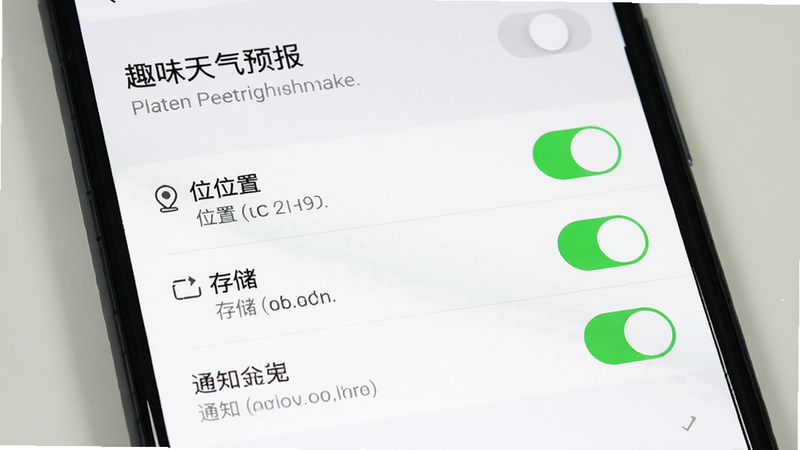 主体为手机设置界面截图,展示「趣味天气预报」的权限管理页面,背景为白色,布局清晰,包含位置、存储、通知等开关选项,排版列表式,风格简洁科技,细节处有对勾图标表示开启状态,画质清晰,干净无多余装饰