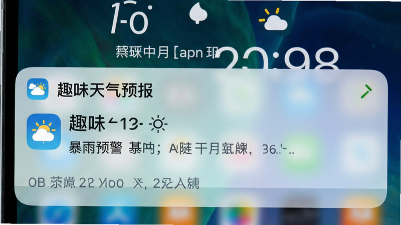主体为手机通知栏特写,显示「趣味天气预报」发出的暴雨预警推送消息,背景为手机锁屏界面,布局垂直排列,文字内容醒目,风格简约清晰,细节处有锁屏时间与日期,画质高清,干净无杂乱图标