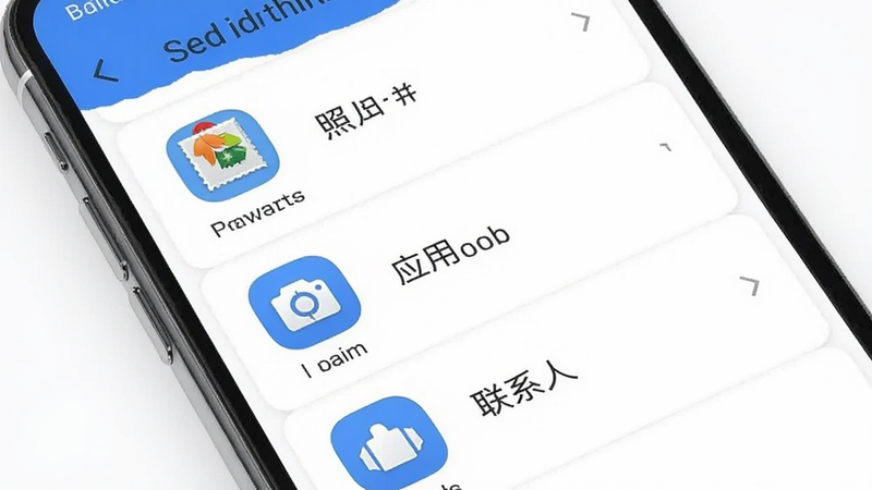 手机搬家软件界面预览图,展示数据分类列表,包括照片、应用、联系人等图标,界面设计简洁白色背景,蓝色主题色,文字清晰,体现高效与专业