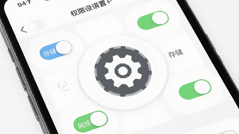չʾ�ֻ�APP�����ý��棬������һ������ͼ�꣬��Χ������Ȩ�޿��أ����ּ�࣬���Ϊ�������壬ϸ�ڰ������洢���͡����硱�Ŀ���״̬�������������ɾ����޶���Ԫ�أ����ְ�����Ȩ�����á�