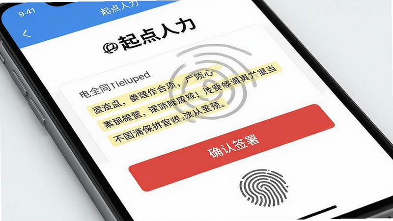����Ϊ�ֻ���Ļ��д����ʾ�����������App�ڵĵ��Ӻ�ͬǩ��ҳ�档���ּ�࣬�Ϸ�Ϊ��ͬ���⣬�м�Ϊ�ؼ����������ʾ���ײ�Ϊ��ɫ�ġ�ȷ��ǩ�𡱰�ť��ָ��ʶ��ͼ�ꡣ�Ű�淶�����������׶������Ϊ����칫�磬ϸ��չʾָ�Ʋ�����ɢЧ����������ȫ��֤��������������ˮӡ���ɾ����䡣