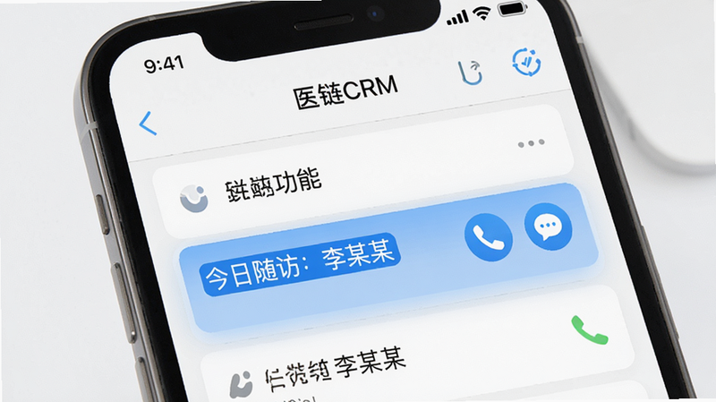 չʾ��ҽ��CRM��������ѹ��ܵ��ֻ�����ͼ����Ļ��ʾһ�����������б���������ʾ��������ã���ĳĳ�����Ա��е绰����Ϣͼ�꣬����Ϊ��ɫ�����������׶�����������࣬ϸ�ڷḻ�����ʼ��ߣ���ˮӡ