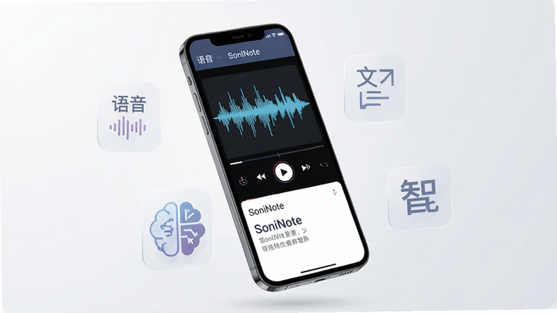 画面主体为SoniNote安卓应用界面展示,背景为干净的浅灰色渐变,中央悬浮着一部智能手机,屏幕上显示着SoniNote的录音界面,波形图正在跳动,下方有清晰的文字转写区域,周围漂浮着几个代表“语音”、“文字”、“智能”的半透明图标,整体风格为现代简约科技风,高清,无多余元素,文字内容为