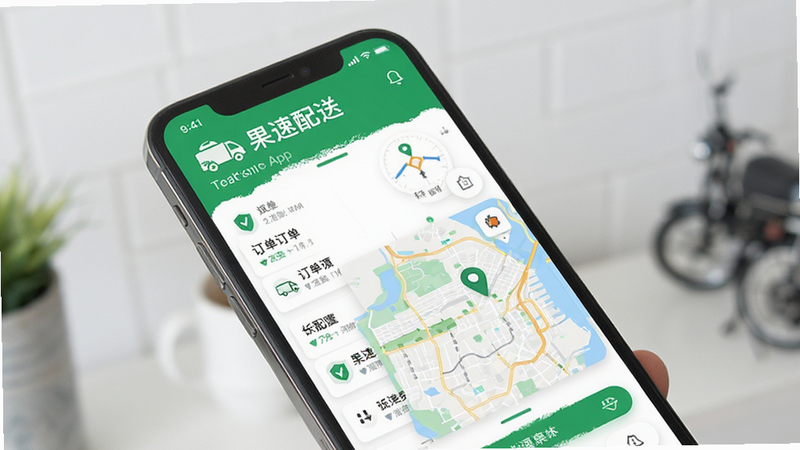 主体为果速配送App的手机界面展示,布局清晰展示订单列表与地图导航模块,排版采用扁平化设计风格,细节处突出绿色主色调与白色背景对比,画质高清,干净无多余元素,文字包含