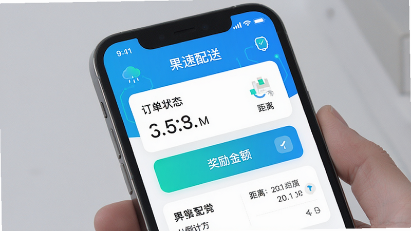 主体为果速配送App的订单详情页面,布局突出订单状态与奖励金额,排版简洁直观,风格现代科技感,细节展示倒计时与距离信息,画质清晰,干净,无多余元素,文字包含