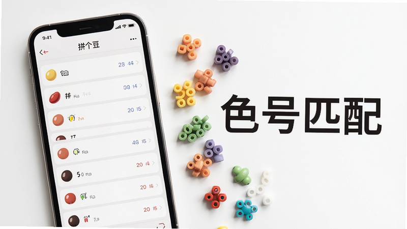 展示“拼个豆”APP中的色号统计列表,旁边散落着不同颜色的拼豆实物,背景干净,强调“智能匹配”功能,文字“色号匹配”清晰可见,色彩搭配和谐,视觉效果舒适