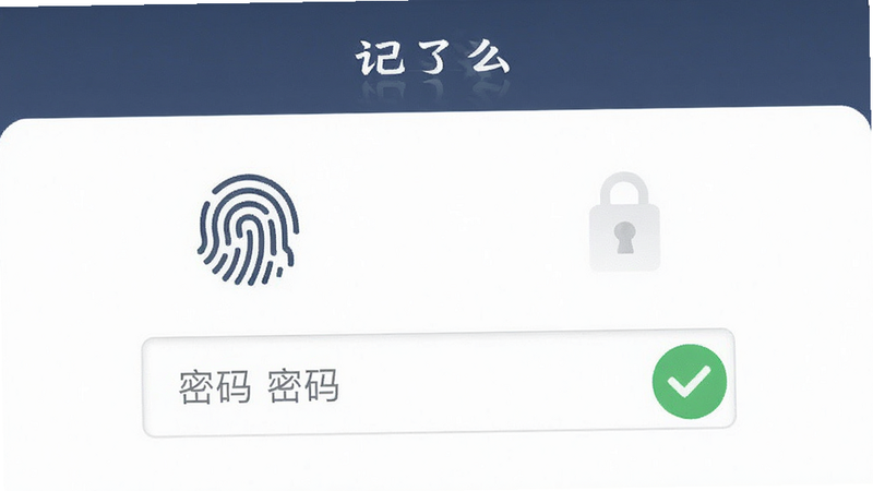 主体为“记了么”APP的安全设置界面,布局包含指纹图标与密码输入框,排版对称,风格稳重可信,细节展示锁形图标与绿色对勾,画质高清,干净