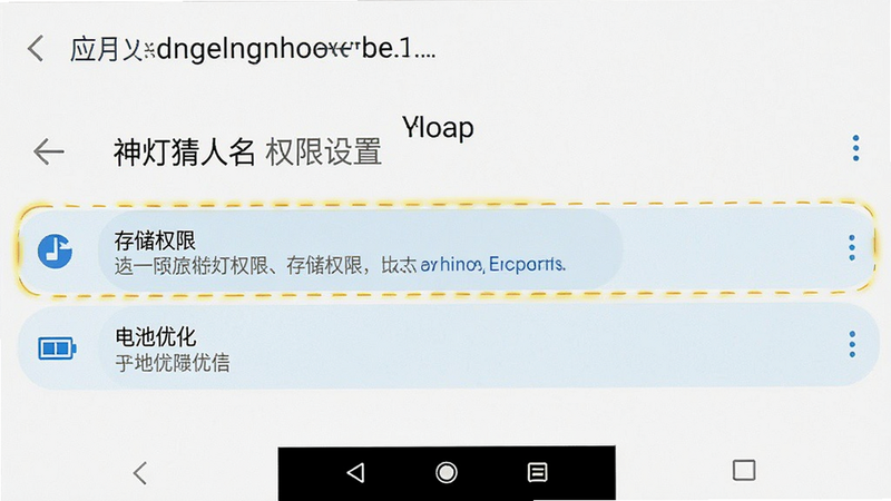 主体为安卓手机设置界面截图,布局展示应用权限管理页面,排版整齐,风格为系统原生UI,细节高亮显示“存储权限”和“电池优化”选项,背景为白色,文字包含