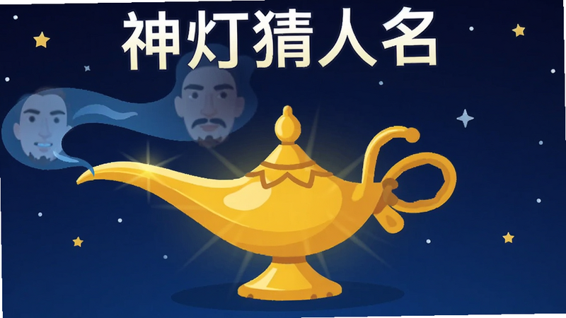主体为发光的金色阿拉丁神灯,布局居中,排版简洁,风格为扁平化插画,细节包含神灯冒出蓝色魔法烟雾,烟雾中浮现出模糊的人脸轮廓,背景为深蓝色星空,文字包含