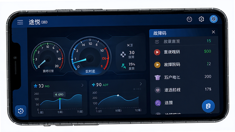 ����Ϊ;��OBD�ֻ�App���棬��������չʾʵʱ�����Ǳ�����������б����Ű����ִ������Ƽ�����ɫ����ϸ�ڰ�������������ͼ���빦��ͼ�꣬���ʸ��壬�ɾ����޶���Ԫ��