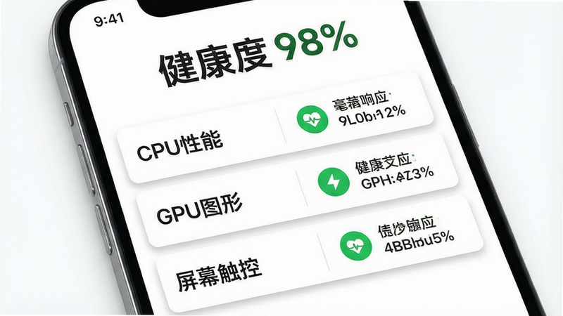 主体是手机屏幕上的硬件体检报告界面,背景为白色简洁风格。布局分为左右两栏,左侧显示“CPU性能”、“GPU图形”、“屏幕触控”三个大项,右侧对应显示绿色的健康状态图标和具体的毫秒级响应数据。顶部有醒目的“健康度 98%”大字。风格为极简商务风,细节处有细微的阴影效果以增强层次感,画质清晰,文字清晰可读,无水印。