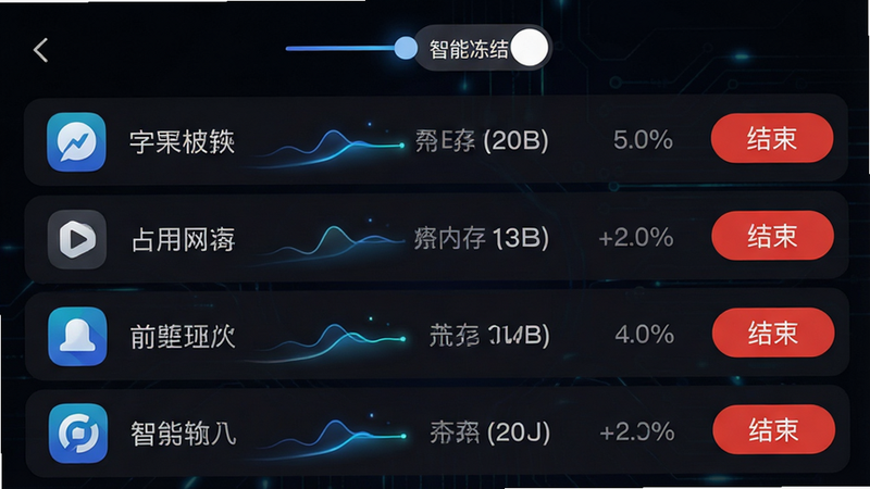 主体为手机内存检测App的进程监控界面,背景为深色模式。布局为列表形式,每行显示一个应用图标、应用名称、占用内存大小(MB)和CPU使用率(%)。右侧有一个红色的“结束”按钮。顶部有一个滑动开关,标注“智能冻结”。风格为科技感暗黑风,细节处有动态光效暗示数据流动,画质清晰,界面元素对齐工整,无多余干扰元素。
