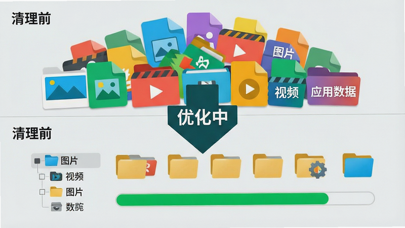 主体为存储空间清理前后的对比示意图,背景为浅灰色。布局采用上下分割结构,上方显示清理前杂乱的彩色文件图标堆积,下方显示清理后整齐排列的文件目录树和绿色进度条。中间有一个明显的箭头指示“优化中”。风格为信息图表风格,细节处强调文件的分类标签如“图片”、“视频”、“应用数据”,画质高,色彩对比鲜明,无多余装饰。