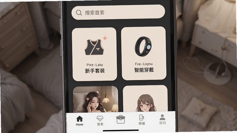 主体为手机应用界面截图,展示情趣严选商城首页布局,顶部有搜索栏,中部为分类图标如“新手套装”、“智能穿戴”,底部为导航栏;排版清晰,风格现代简约,色调以深灰与暖白为主,细节处体现私密感,画质高清,无多余元素
