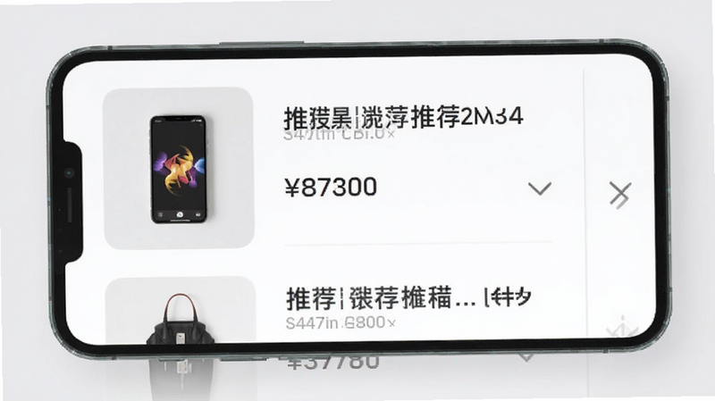 主体为手机界面显示推荐列表,左侧为商品缩略图,右侧为标题与价格,背景为浅灰色;布局左右分栏,排版整洁有序,风格现代简洁,细节处有箭头指示滑动操作,画质清晰,无视觉干扰