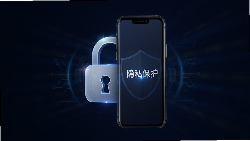 主体为锁形图标与手机屏幕结合,屏幕显示“隐私保护”字样,背景为深色渐变,象征安全与私密;布局居中,排版对称,风格科技感强,细节处有光效点缀,画质清晰,干净无杂质