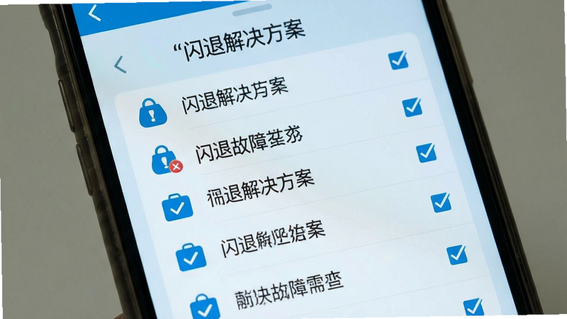 主体为手机故障排查界面,显示“闪退解决方案”列表,背景为淡蓝色,图标简洁;布局垂直排列,排版清晰,风格实用主义,细节处有勾选标记,画质清晰,无多余元素