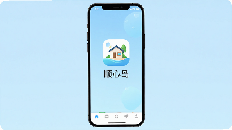 ����Ϊ��˳�ĵ���APP�������棬���ּ�����£�������ʾӦ��Logo�����ƣ�����Ϊ��͵�ǳ��ɫ���䣬�Ű���У�����ƽ���ִ���ϸ�ڰ����ײ�������ͼ�꣬���ʸ��壬�ɾ����޶���Ԫ��