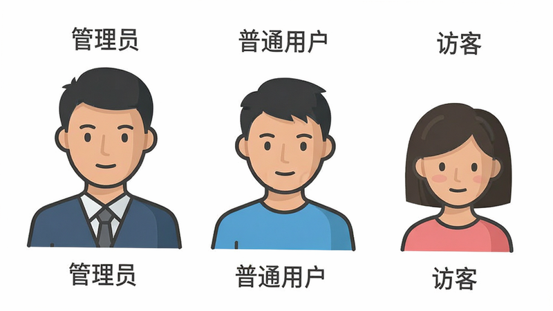三个不同年龄的人物头像图标,旁边分别是“管理员”、“普通用户”、“访客”的标签,背景为白色,线条简洁,体现权限层级关系,扁平化设计,无多余元素,高清,干净