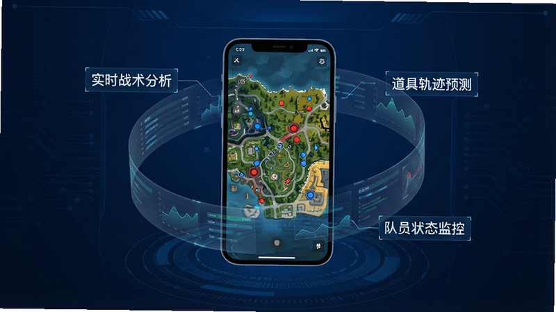 一张展示CS2智能助手应用界面全景的高清设计图,主体为深蓝色科技风格背景,中央悬浮着手机模型,屏幕上显示着CS2地图的俯视战术视角,地图上标注着多个红色和蓝色的战术标记点,周围环绕着半透明的数据流线条,文字标签清晰可见:“实时战术分析”、“道具轨迹预测”、“队员状态监控”,整体风格现代、简洁、专业,画质4K,无多余元素