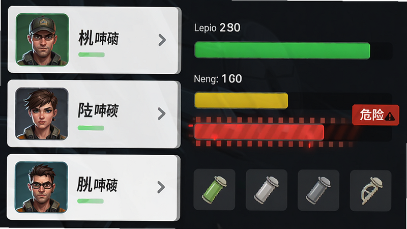 界面截图风格,左侧列出三名队友的头像和名称,右侧显示各自的生命值条(绿色)、弹药量(黄色)和道具图标,其中一名队友的生命值条为红色并闪烁,旁边有“危险”警示标签,布局清晰,色彩区分明显,易于阅读,风格现代UI设计