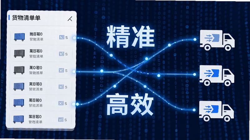 抛货网智能匹配功能演示图,画面左侧为货物清单,右侧为车辆图标,中间通过发光线条连接,背景为数字化数据流,突出“精准”“高效”字样,蓝白配色,科技简约风,画质细腻,无多余装饰