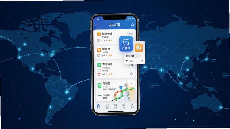 抛货网APP主界面全景展示,背景为深蓝色科技感物流地图,中央悬浮手机模型,屏幕显示货源列表、运费计算器图标及实时路况模块,界面布局清晰,字体清晰可读,高清扁平化设计风格,无杂乱元素