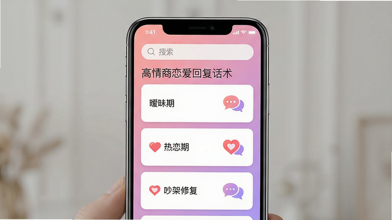 一张高清现代风格的手机应用界面预览图,主体展示“高情商恋爱回复话术”APP的主界面,布局清晰,顶部为搜索栏,中间为分类卡片如“暧昧期”、“热恋期”、“吵架修复”,背景为柔和的粉紫色渐变,细节处有聊天气泡图标,风格扁平化,干净无多余元素,4k画质
