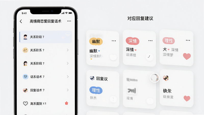 展示“高情商恋爱回复话术”APP的场景选择页面,左侧为关系阶段列表,右侧为对应的回复建议卡片,卡片上显示不同颜色的标签如“幽默”、“深情”、“理性”,布局左右分栏,风格简约清新,细节丰富,高清渲染