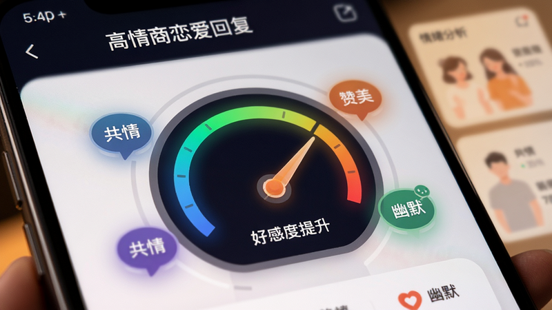 特写“高情商恋爱回复话术”APP的情绪分析模块,界面中央有一个动态的情绪仪表盘,指针指向“好感度提升”,周围环绕着具体的关键词如“共情”、“赞美”、“幽默”,背景虚化处理,焦点集中在UI细节,风格科技感与温馨感结合,高清