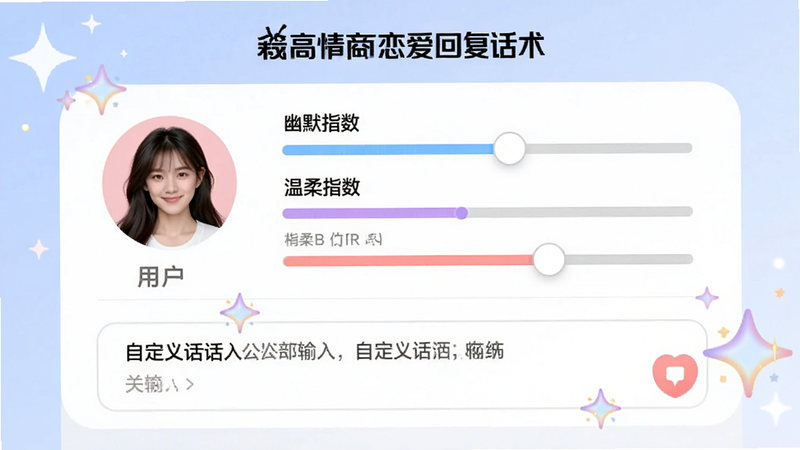 展示“高情商恋爱回复话术”APP的个性化设置页面,用户头像旁有风格滑块,显示“幽默指数”、“温柔指数”等调节条,下方是自定义话术输入框,布局整洁,色彩明亮,细节处有星光点缀,风格现代时尚,高清