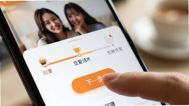 展示“高情商恋爱回复话术”APP的新手引导界面,手指点击“下一步”按钮的特写,界面步骤条清晰,背景虚化,焦点在交互细节,风格友好亲切,高清