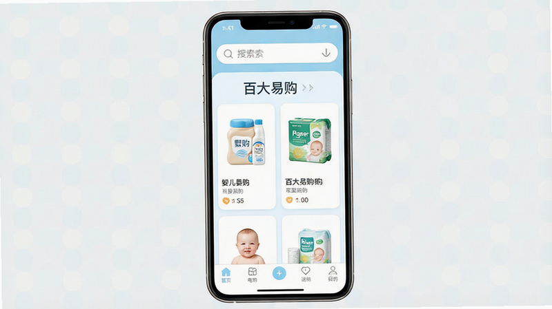 一张高清现代风格的母婴电商应用界面概念图,主体为百大易购APP首页,布局整洁,顶部有搜索栏,中间展示婴儿奶粉和纸尿裤的高清商品卡片,底部导航栏清晰,整体色调温馨柔和,采用浅蓝与白色搭配,细节丰富,画质4k,干净无多余元素,图中包含文字