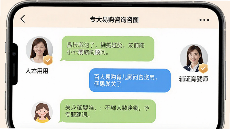 百大易购育儿顾问咨询界面示意图,主体为APP内的聊天窗口,左侧是用户头像,右侧是认证育婴师头像,中间显示对话气泡,内容关于辅食建议,布局简洁友好,风格温馨,细节展示头像认证标识,画质高,干净,图中包含文字