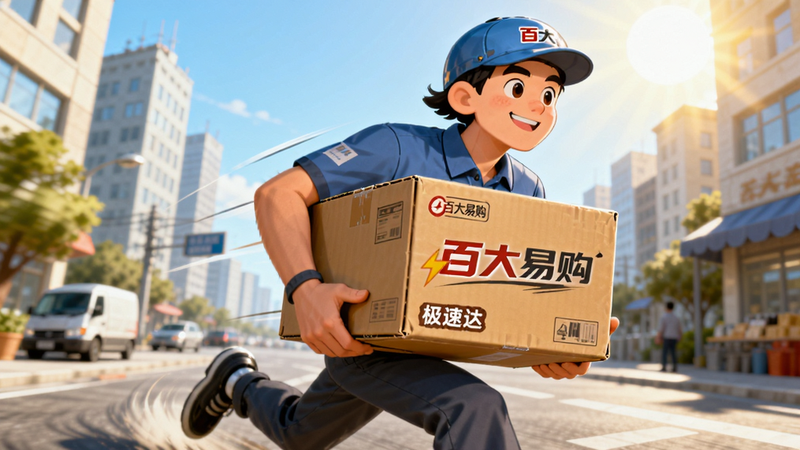 百大易购物流配送场景插画,主体为快递员抱着印有百大易购logo的快递箱奔跑,背景是城市街道和明亮的阳光,布局动感,风格写实与卡通结合,细节展示快递箱上的标识,画质清晰,干净,图中包含文字