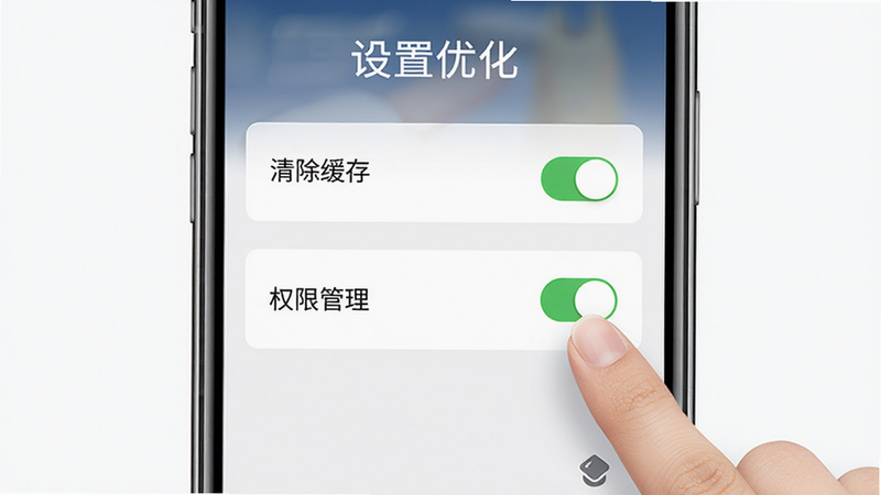 百大易购APP设置界面示意图,主体为手机屏幕,显示“清除缓存”和“权限管理”选项,手指正在点击操作,布局清晰,风格简约,细节展示开关按钮状态,画质高清,干净,图中包含文字