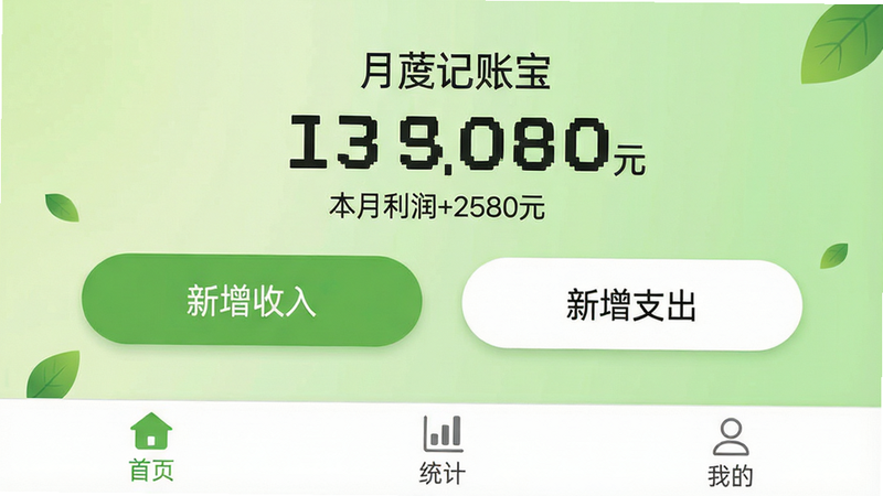 主体为《果蔬记账宝》安卓应用主界面截图,布局清晰简洁,顶部显示“月度结余”大字号数据,中间是“新增收入”和“新增支出”两个醒目的圆角矩形按钮,底部导航栏包含“首页”“统计”“我的”图标,背景为浅绿色渐变,风格清新自然,细节处有微小的绿叶装饰元素,画质高清,干净,无多余元素,文字内容显示“果蔬记账宝”“本月利润+2580元”