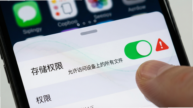 主体为手机设置界面特写,重点高亮“存储权限”开关为开启状态,旁边有红色警示图标,背景模糊显示手机桌面,布局聚焦权限设置项,排版清晰,风格警示与指引结合,细节处有手指点击开关的动作,画质清晰,干净,无多余元素,文字内容显示“允许访问设备上的所有文件”“权限”
