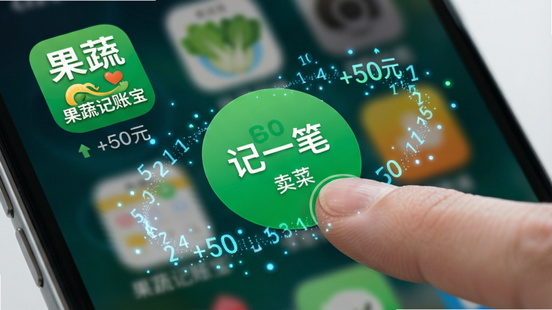 主体为手机桌面场景,中间悬浮一个绿色的圆形“记一笔”快捷按钮,周围环绕着动态的数字粒子效果,背景虚化显示《果蔬记账宝》图标,布局聚焦中心按钮,排版紧凑,风格科技感与生活感结合,细节展示手指点击按钮的动作,画质清晰,干净,无多余元素,文字内容显示“+50元”“卖菜”