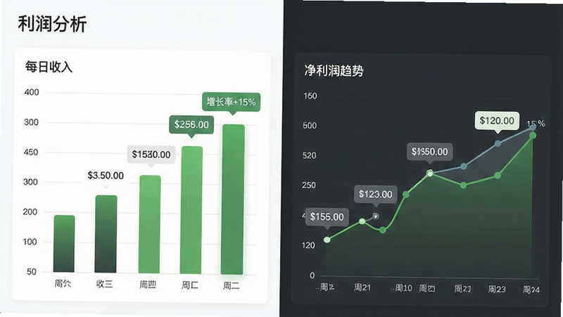 主体为数据分析图表界面,左侧是柱状图展示“每日收入”,右侧是折线图展示“净利润趋势”,图表颜色为清新绿与深灰搭配,布局左右分栏,排版专业严谨,风格商务简约,细节处有数据标签悬浮显示具体金额,画质高清,干净,无多余元素,文字内容显示“利润分析”“增长率+15%”